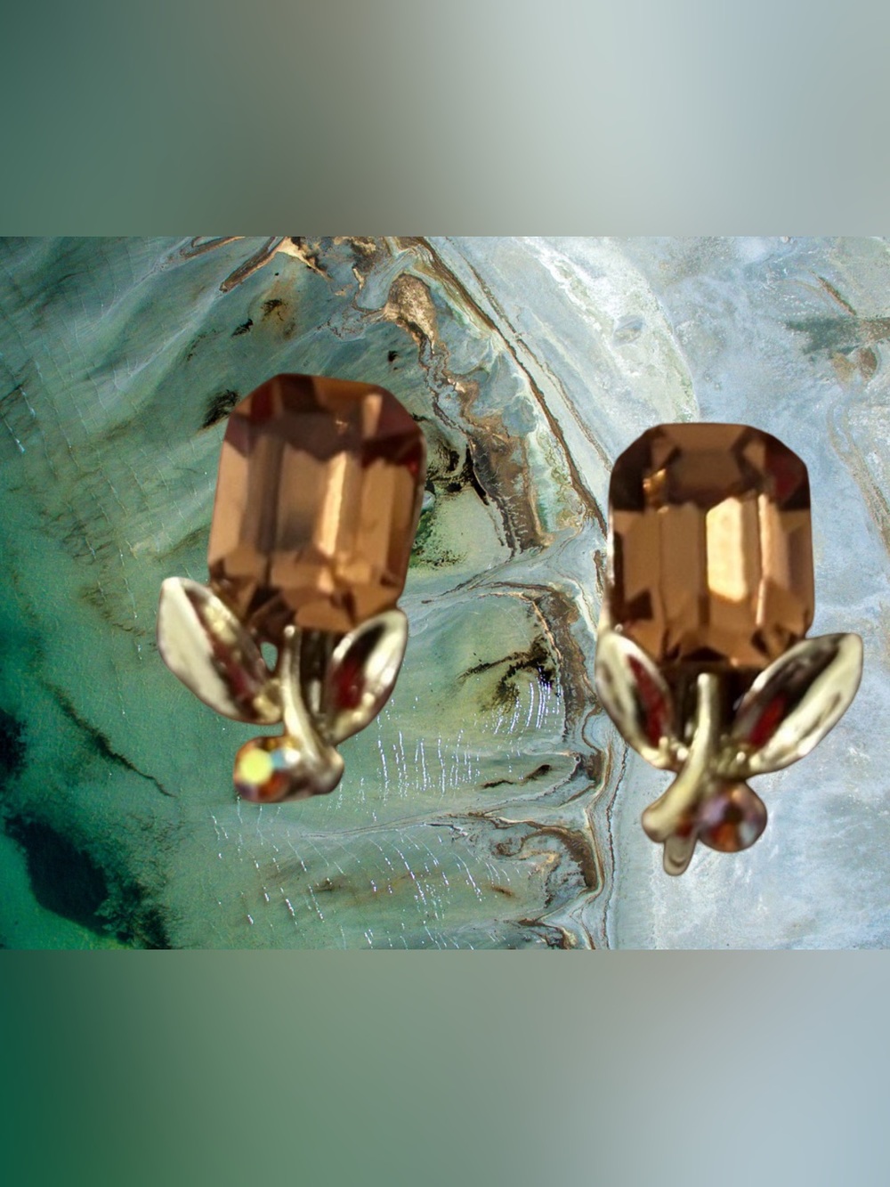 Gold-Tone Brown Crystal Floral screw on Earrings